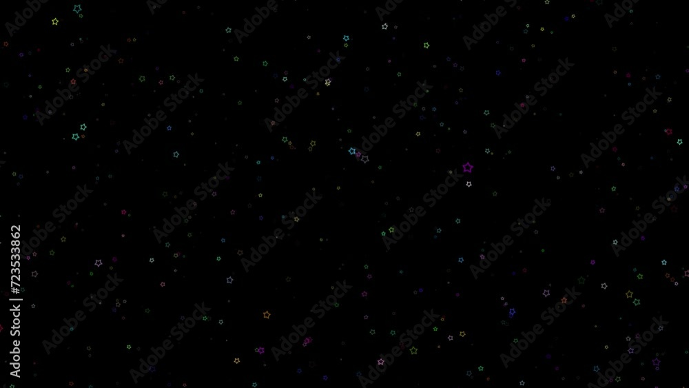 Poster seamless loop colorful star shapes particles slow movement on clean black background.