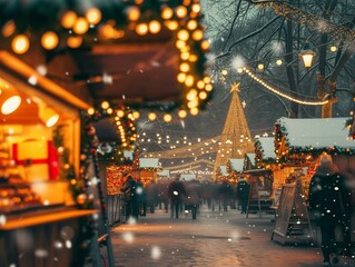 Christmas market in snow. People walking and shopping