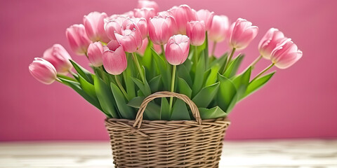  a basket filled with pink tulips on pink background