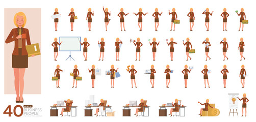 Big Set of working woman wear orange suit character vector design. Presentation in various action. People working in office planning, thinking and economic analysis.