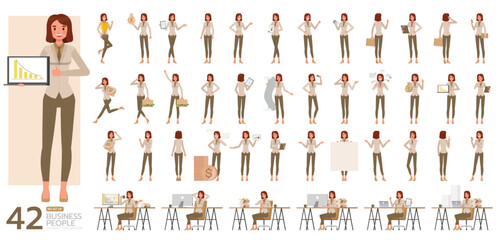 Big Set of working woman wear brown suit character vector design. Presentation in various action. People working in office planning, thinking and economic analysis.