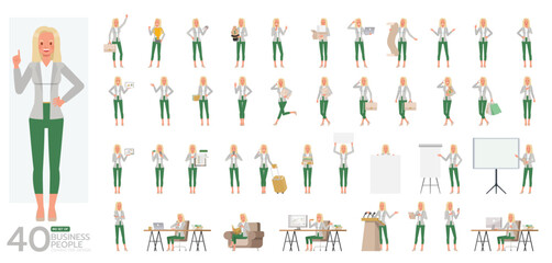 Big Set of working woman wear white suit character vector design. Presentation in various action. People working in office planning, thinking and economic analysis.