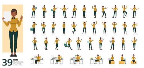 Big Set of working woman wear yellow shirt color character vector design. Presentation in various action. People working in office planning, thinking and economic analysis. - obrazy, fototapety, plakaty
