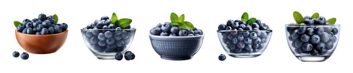 Collection bowl of blueberries isolated on a transparent background - obrazy, fototapety, plakaty