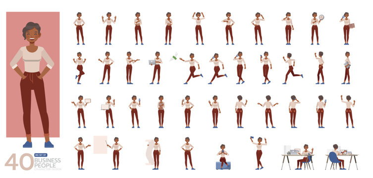 Big Set of working woman wear cream shirt color character vector design. Presentation in various action. People working in office planning, thinking and economic analysis.