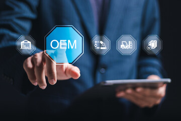 OEM or Original Equipment Manufacturer concept. Businessman touching virtual screen of OEM icon for...