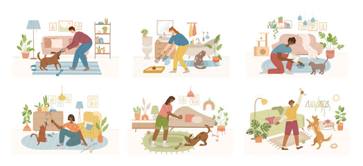 happy pet owner with dog and cat in cozy interior of living room. Pet sitter and friendly pet service concept. People playing, cuddling with domestic animal friends at home.
