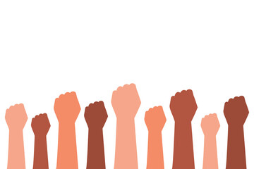 People's hands raised with clenched fists isolated on a white background. Symbol of love, diversity, human rights, feminism, equality, women's day concept. Vector illustration flat design style