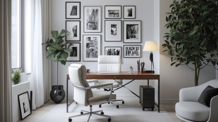 A stylish exeive office outfitted with a chic white leather chair a wooden desk with sleek metal legs and a gallery wall filled with black and white photographs for an elegant