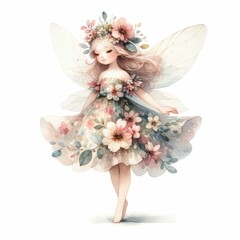 Flower fairy with a floral dress.  watercolor illustration. Fairy and Flowers watercolor girls nursery resorce.