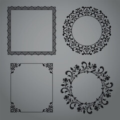 Set of decorative frames Elegant vector element for design in Eastern style, place for text. Floral black and gray borders. Lace illustration for invitations and greeting cards