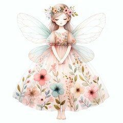 Flower fairy with a floral dress.  watercolor illustration. Fairy and Flowers watercolor girls nursery resorce. © JR BEE