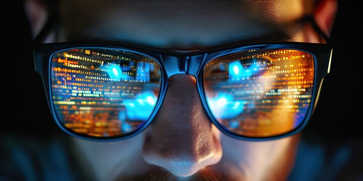 Face of engineer, framed by wear sunglasses reflecting intricate computer code. - Powered by Adobe