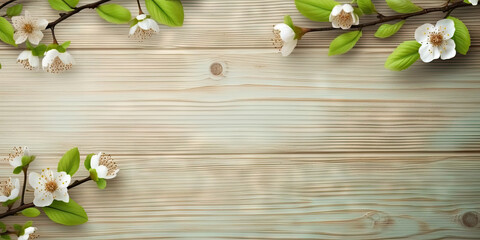 Spring white flower on beige wooden background.