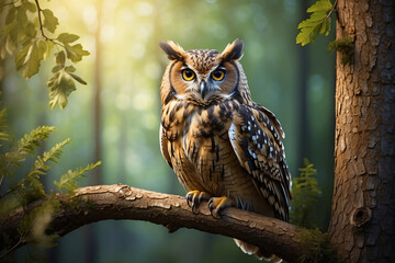 owl standing on wooden tree