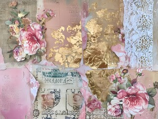Valentine day background with pink and gold collage art