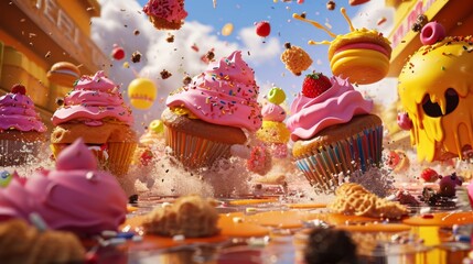 A rowdy gang of rogue cupcakes haphazardly rolling around the bakery knocking over ingredients and leaving a trail of destruction as they attempt to pull off daring tricks - obrazy, fototapety, plakaty