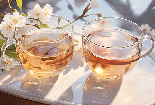 A lovely glass of tea adorned with fresh jasmine flowers, adding a touch of beauty to the kitchen.