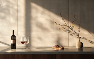Elegance of a wine glass and bottle gracefully arranged atop a modern table, set against a clean and uncluttered background. 