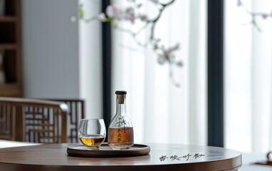 Elegance of a wine glass and bottle gracefully arranged atop a modern table, set against a clean and uncluttered background. 