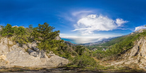 Wide panoramic view on mountain landscape with lush green hills under clear blue sky, tranquil natural beauty, perfect for outdoor enthusiasts. Seamless 360 degree spherical equirectangular panorama.