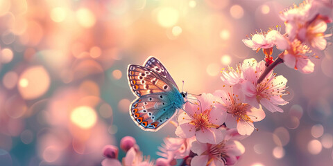  colorful flower of cherry blossom 
trees with butterfly on bokeh background 