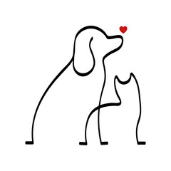 Obraz premium Dog and cat line art with red heart ,love emotion concept ,png transparent background.