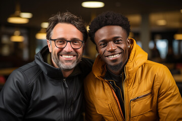 young black boy and white mature man looking at the camera while smiling