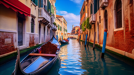 Images of canals in the city of Venice in Italy, travel, culture, boats, canals, water, daytime, buildings, houses, design, balconies, flowers, sky, clouds, colorful, AI-generated,