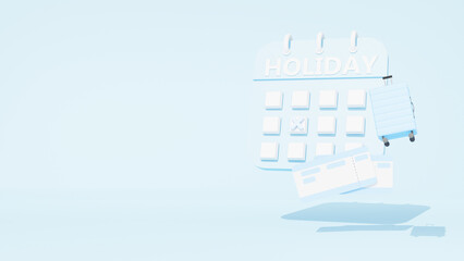 Travel Holiday Concept, Travel tourism trip planning with holiday calendar and luggage and ticket on light blue background. 3d rendering