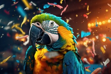 A delightful scene as a cheerful parrot enjoys its birthday festivities amidst falling confetti and festive balloons.