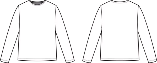 Fotobehang Technical flat sketch of Men's T-shirt. Round neck tee sweatshirt with long sleeve. Vector mock up Template. © HUISOO