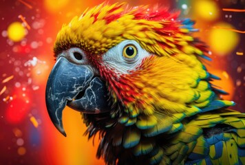 A jubilant and cute parrot revels in birthday festivities, surrounded by falling confetti and balloons.