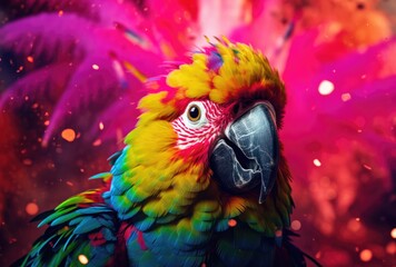 A jubilant and cute parrot revels in birthday festivities, surrounded by falling confetti and balloons.