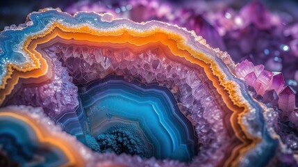 Macro shot capturing the stunning beauty of a geode with radiant purple crystals and concentric blue rings edged in orange - obrazy, fototapety, plakaty