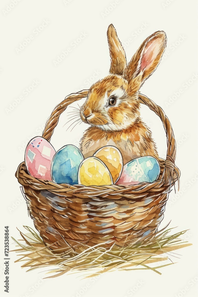 Poster A bunny rabbit sits in a basket full of Easter eggs.