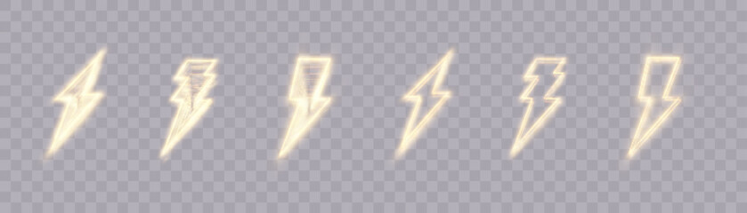 Glowing thunder lightning sign, electric discharge. Glowing icon. Neon lightning flash icon. Vector - obrazy, fototapety, plakaty