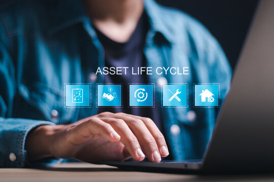 Asset life cycle concept, Businessman use laptop with virtual screen of asset life cycle icon for Asset Management.