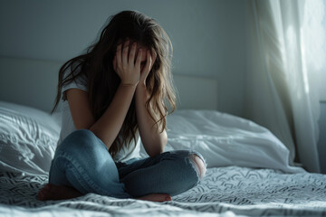 Fototapeta premium A girl with depression sitting on her bed