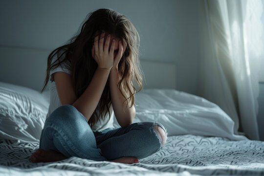 A girl with depression sitting on her bed