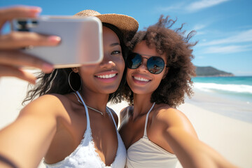 A couple of african american girls taking a selfie on the beach. concept of friendship.