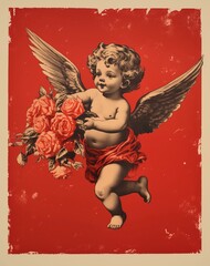 cute angel with wings, with a bouquet of flowers, red, lithography, vintage style, baroque, woodcut, frescoes and wall paintings