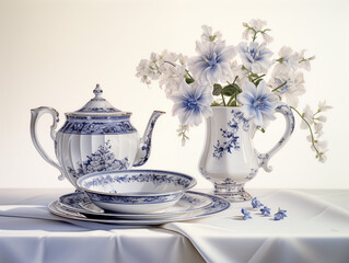 Obraz na płótnie Canvas Photorealistic traditional blue and white fine china set with beautiful flower and tablecloth. Plate, saucer, teapot, and vase set, variation 1 