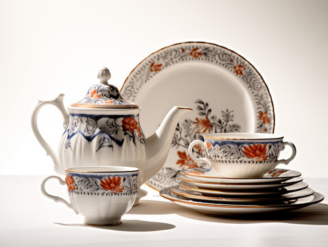Photorealistic traditional multi-colored fine china set with gold trim accent. Teapot, teacup, saucer, and plates set, 4k image