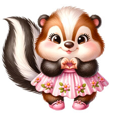 Fototapeta na wymiar Skunk watercolor making cute mini heart gesture. Cute animal on valentine's day. 