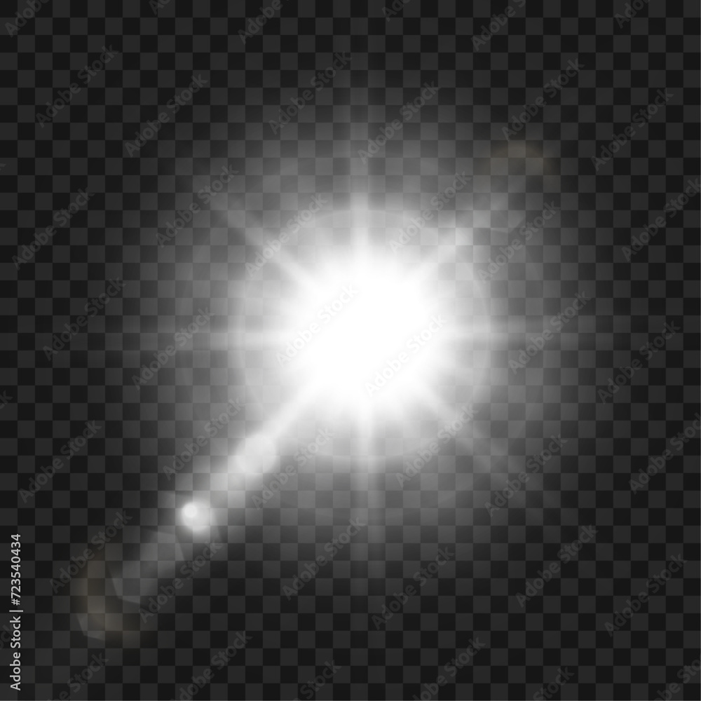 Poster bright sun shines with warm rays, vector illustration glow gold star on a transparent background. fl