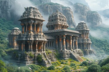 a_temple_with_long_pillars_next_to_grass_mountains - obrazy, fototapety, plakaty