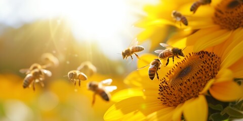 Bees actively pollinating and aiding in the growth of plants. Bees are depicted buzzing around colorful flowers, collecting pollen and nectar - obrazy, fototapety, plakaty