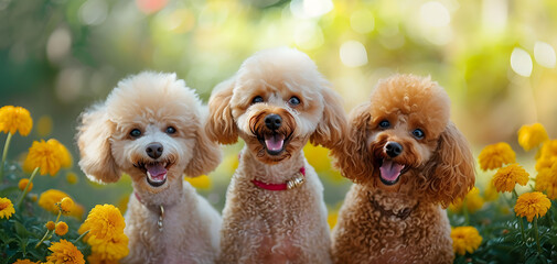 Poodle dog. A group of playful smiling poodles. Poodle Family three Dogs Sitting on grass in garden. Generative ai - obrazy, fototapety, plakaty
