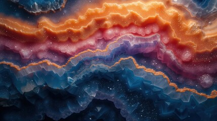 The geode's layers evoke a cosmic scene, with starry blue depths giving way to vibrant sunset orange crests - obrazy, fototapety, plakaty